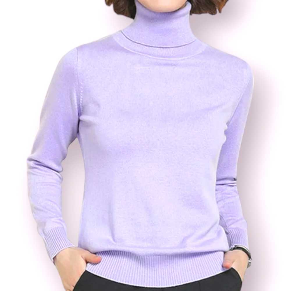 Women's lilac-purple rib-knit light-weight turtleneck sweater.